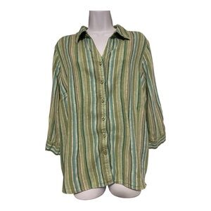Womens XL Green Striped Linen Blend 3/4 Length Cuffed Sleeve Button Up Blouse